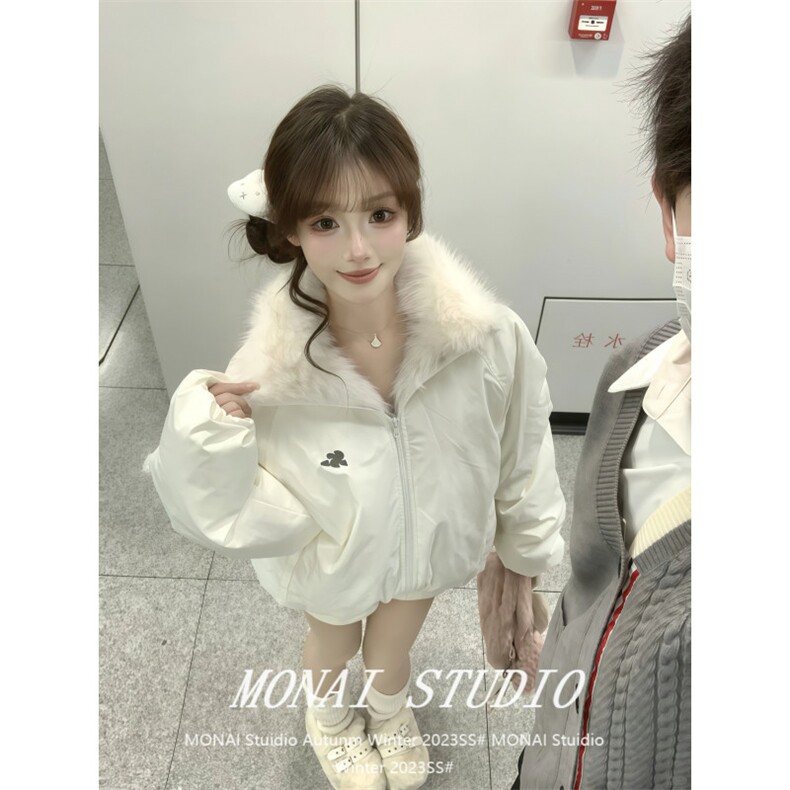 1506A/G78870/P92新款温柔甜纯风米白色毛毛拼接棉服,男装棉衣,星座1506A