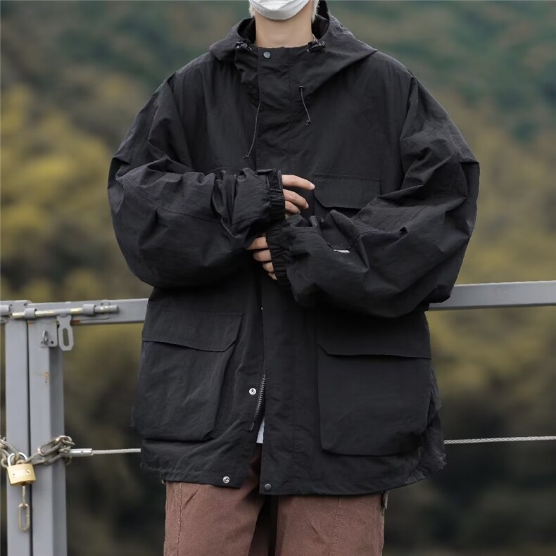 秋季新款港风连帽外套男生宽松直筒痞帅工装夹克冲锋衣W9265,男装夹克,星座1116A-1（原606A）