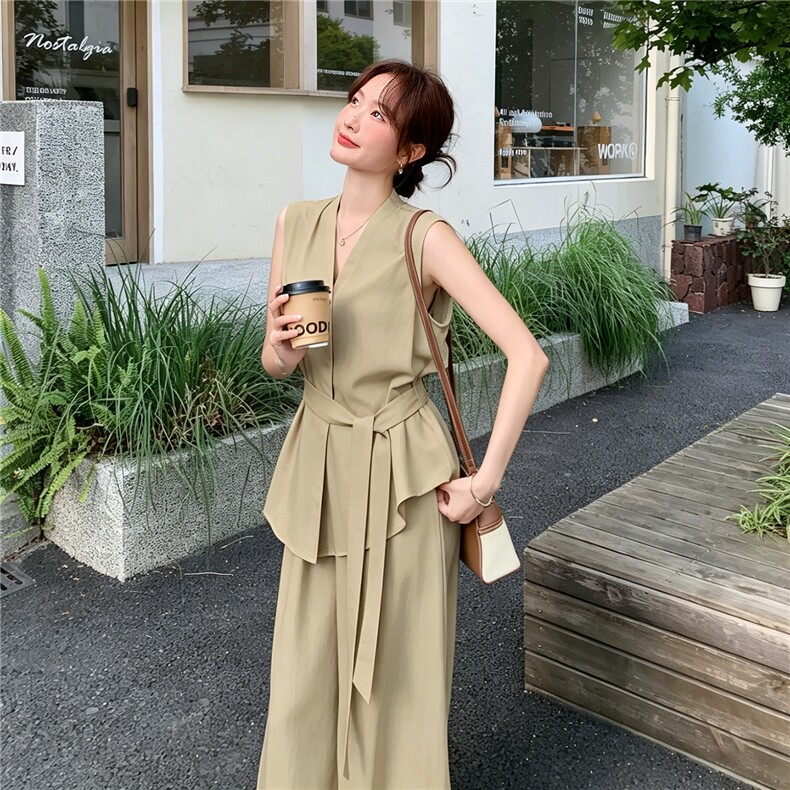 新款现货主推夏季无袖气质套装女老钱风阔腿裤清冷感韩系两件套，女装套装/套裙，网红馆
