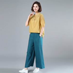 2022夏装新款棉麻刺绣短袖上衣休闲阔腿裤两件套套装，女装大码女装，木子恋