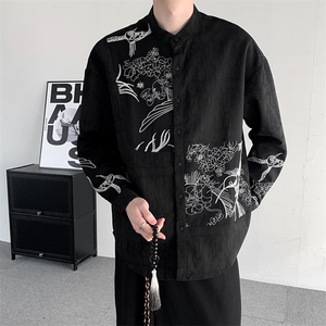 春装新中式立领刺绣衬衫男女加肥加大码宽松拼接宽松衬衣外套图片
