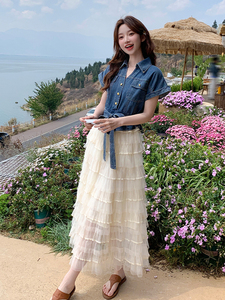 法式假两件牛仔拼接蛋糕连衣裙女2025夏新款超好看小个子过膝长裙图片
