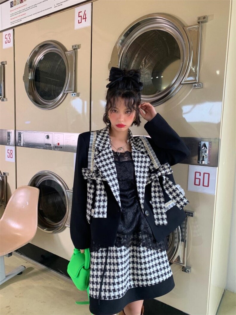 两色蝴蝶结格纹套装，女装职业装，YOUER DENG