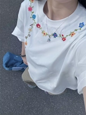 ICHMDOE美式花卉项链刺绣短袖T恤女夏季新款高街宽松半袖上衣t，男装T恤，四季星座505