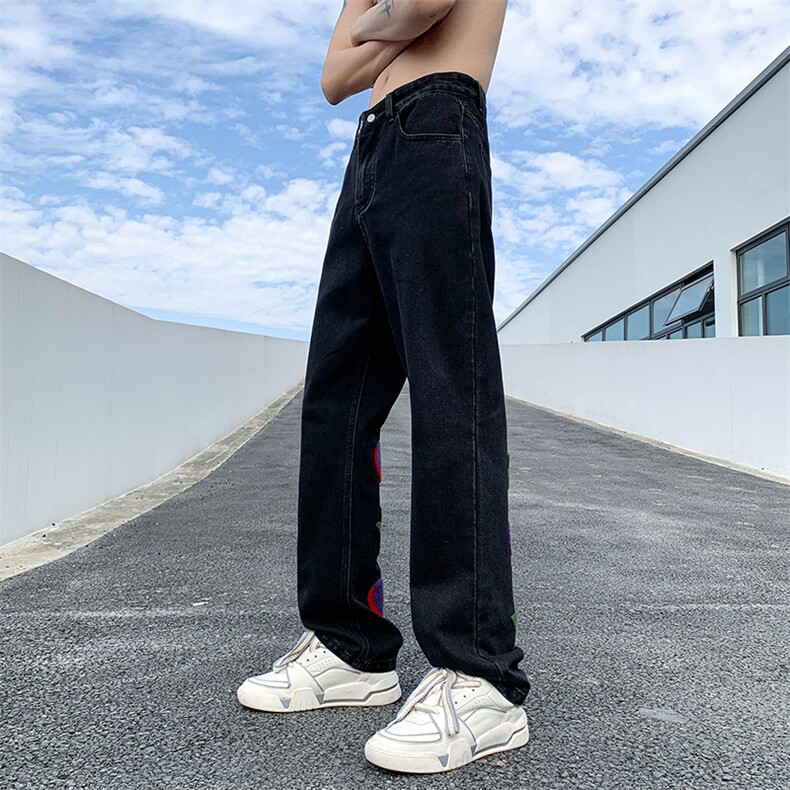 B221美式ins高街暗黑小众情侣毛巾绣直筒牛仔裤LK23021-P65控88,男装牛仔裤,电商B221