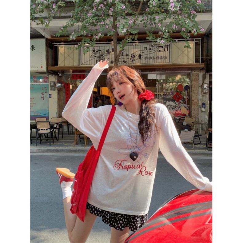 韩系纯欲印花设计感圆领长袖t恤女夏季休闲显瘦百搭防晒罩衫上衣,男装T恤,星座506A