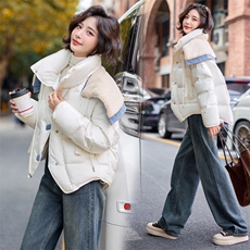 【bao款现货】2024新款冬装百搭重工拼接牛仔仿羊羔毛羽绒服70绒，女装羽绒服，雅静靓衣