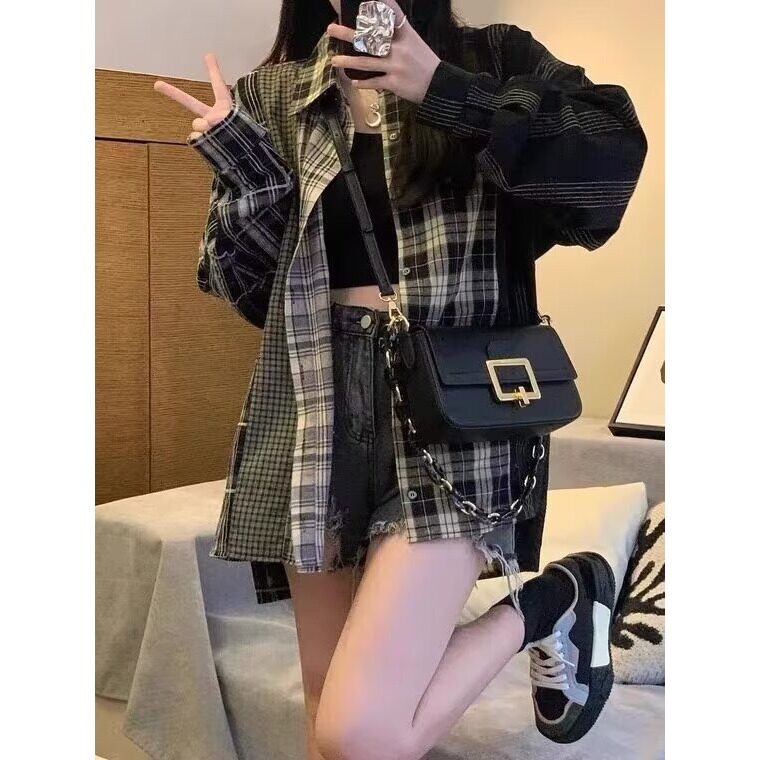 幂式穿搭风polo领格子开衫上衣胖mm大码显瘦外搭慵懒休闲长袖衬衣,男装衬衫,星座1210-1