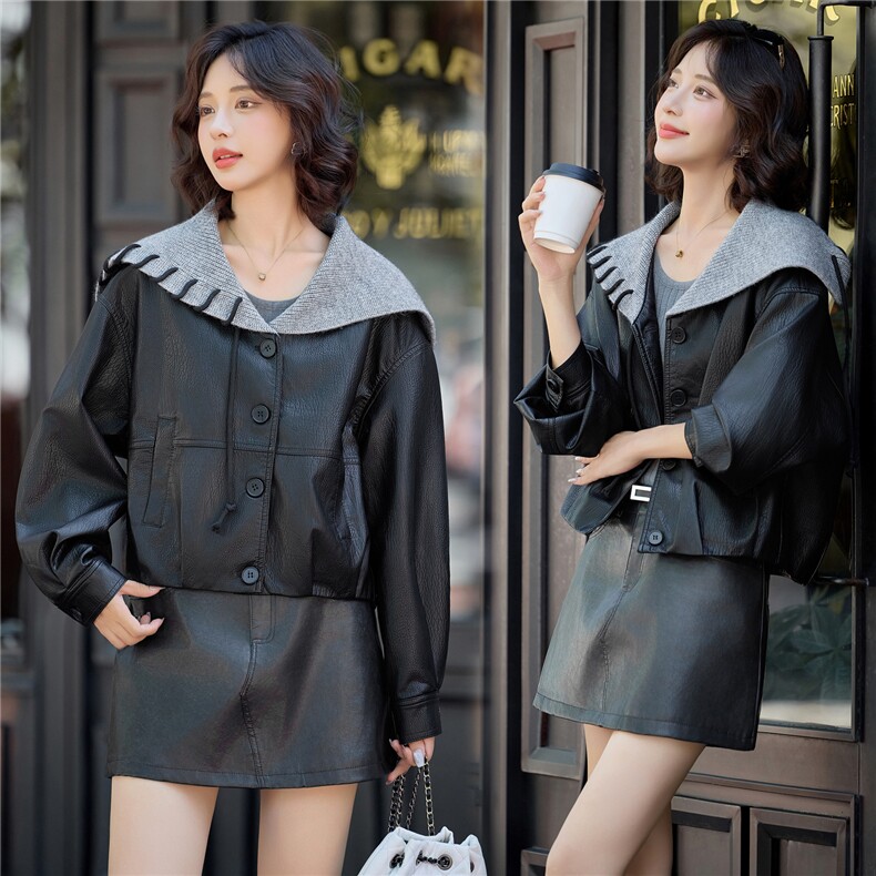 【秋季女装新款】大量现货毛线领港风短款皮衣外套加绒，女装皮衣，魅衣本色