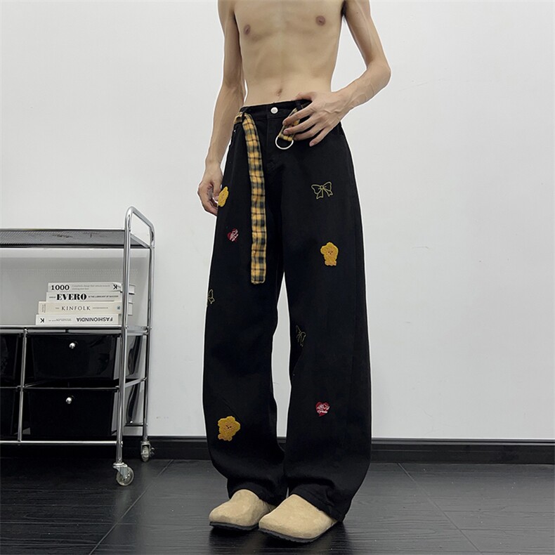港风秋款男牛仔裤毛巾绣动物蝴蝶直筒宽松长裤配腰带NK229P50,男装牛仔裤,星座1013-1