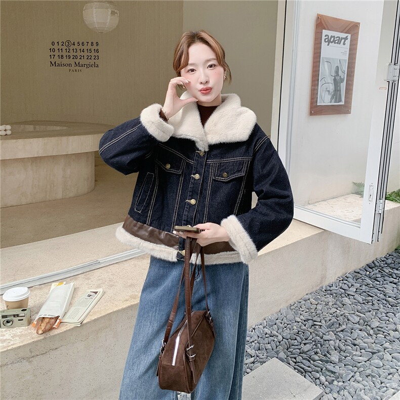 现货2D078-Y3380-P225K348牛仔拼皮内毛毛派克棉衣,女装棉衣/棉服,2D078