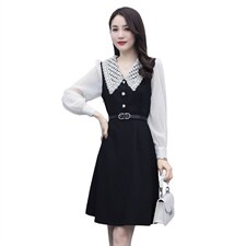 2021春季新款优雅时尚镂空领花拼色连衣裙配腰带，女装连衣裙，岚衣(原川流布茜）