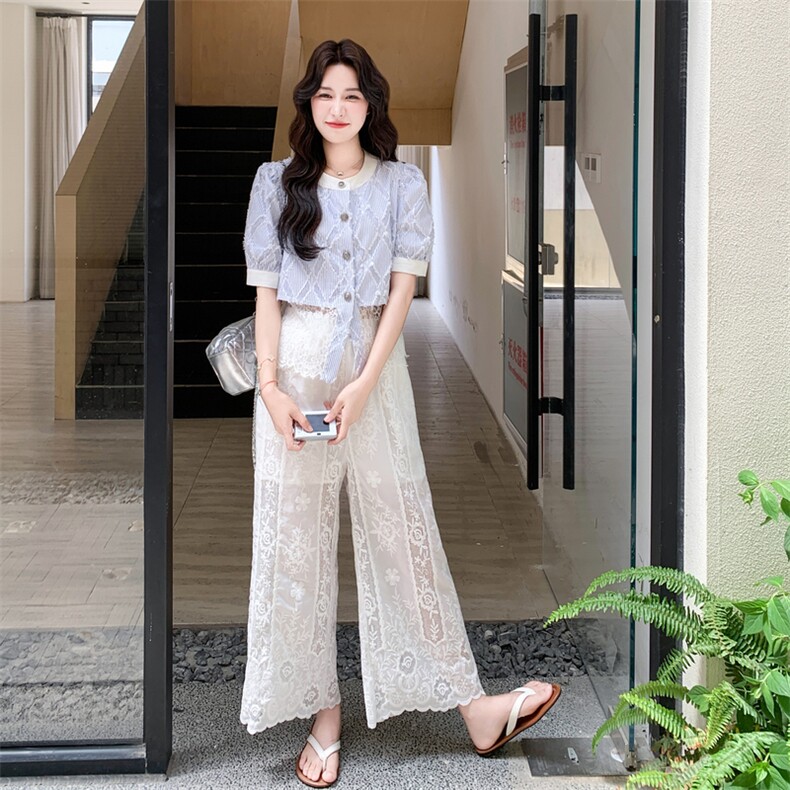 设计感小众时尚蕾丝套装女2025夏季新款短款衬衫高腰阔腿裤两件套,女装套装/套裙,2C032