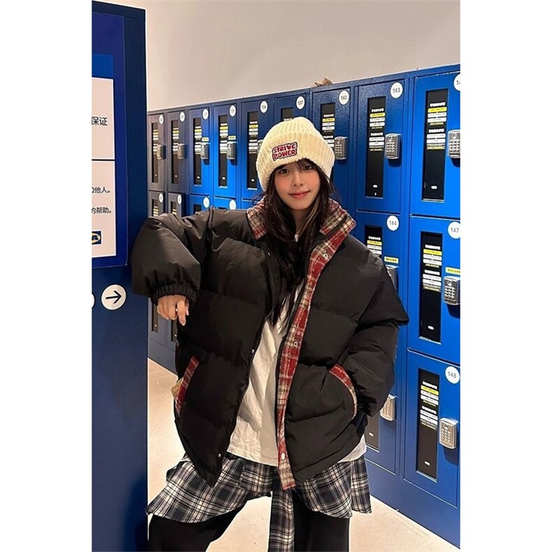 网图有货美式复古休闲格子拼接立领棉衣男女棉服外套A1022-P75,男装棉衣,星座1505