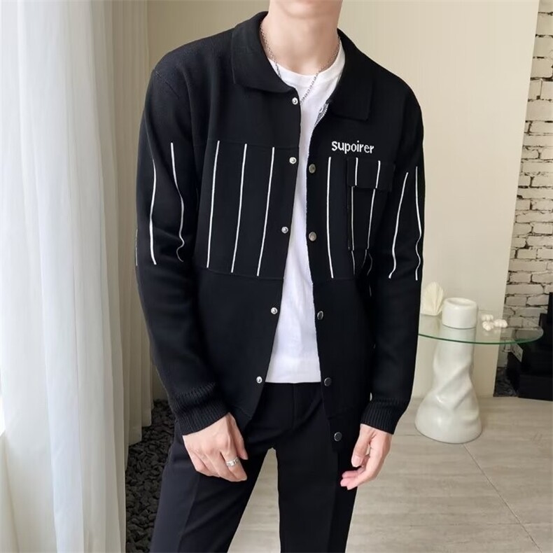 秋冬季新款男士翻领拼色条纹毛衣外套休闲羊毛针织开衫潮上衣G03,男装针织衫/毛衣,星座506