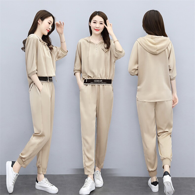 雪纺醋酸透气休闲女洋气短袖时尚气质夏束脚宽松裤运动潮，女装运动套装，一安秀