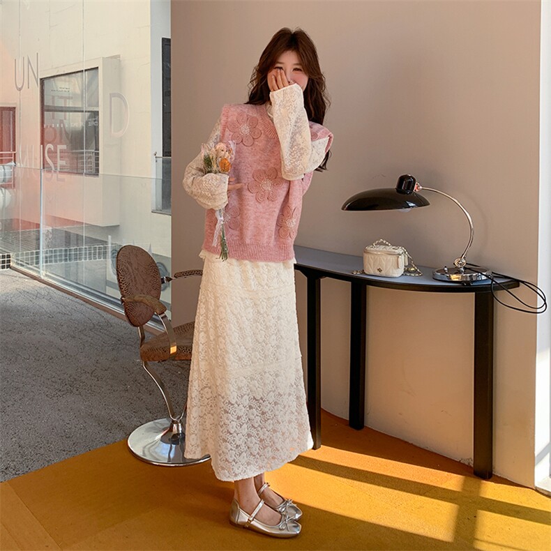 粉色甜美针织花朵马甲套装女2025春秋新款韩系气质显瘦减龄两件套,女装马甲,维壹