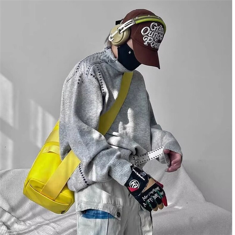 W8795-P53网图现货新款韩版半高领复古针织毛衣接设计宽松外套,男装针织衫/毛衣,星座1608-2