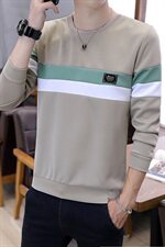 秋冬加厚保暖卫衣男圆领套头拼接条纹商务打底衫卡其702加绒，男装卫衣，星座1207