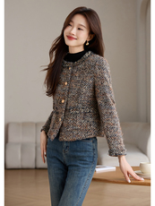 小香风加棉加厚内胆毛呢短外套女2024秋冬圆领毛边设计感气质上衣，女装毛呢外套，婵米儿