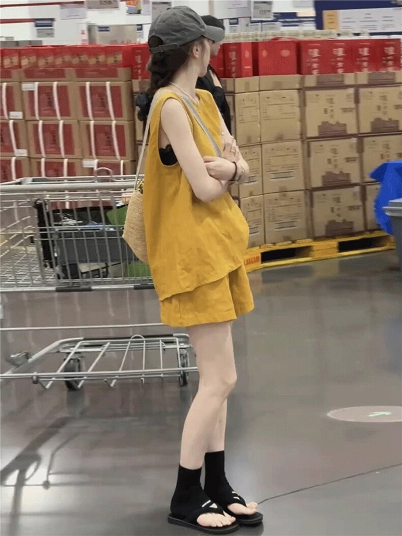 高级感时尚潮流套装女夏新款宽松纯色圆领无袖上衣阔腿短裤两件套,女装套装/套裙,江南