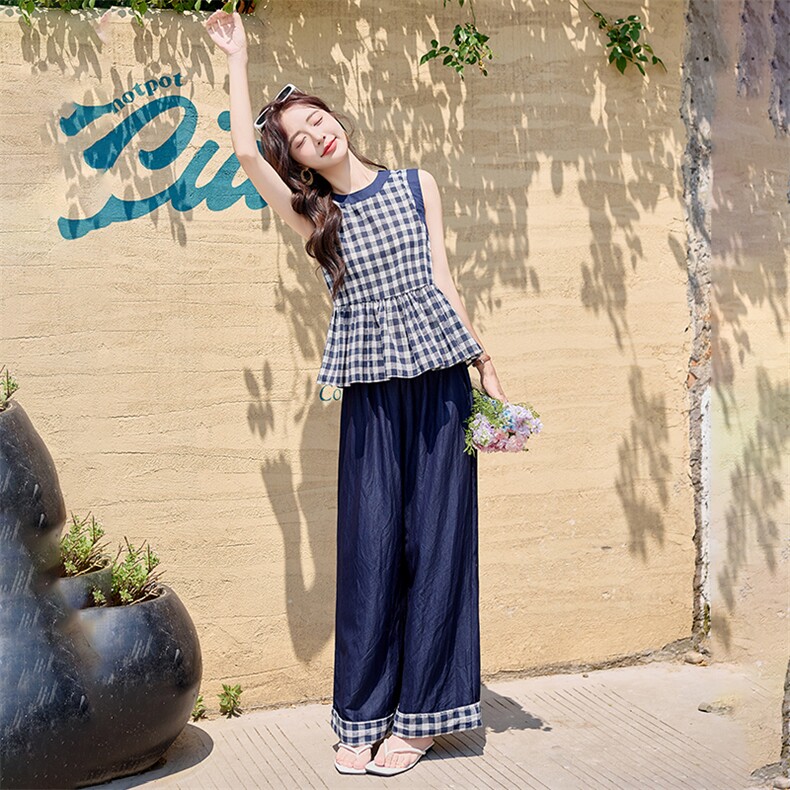 韩系减龄松弛感套装女2025夏季新款格纹无袖背心上衣阔腿裤两件套,女装套装/套裙,水衣源