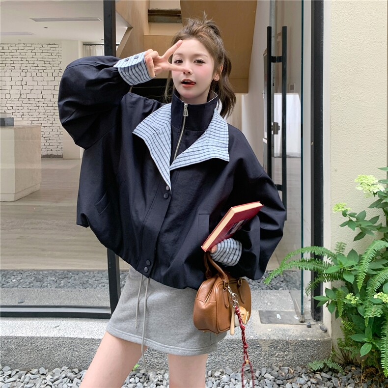 秋季新品！撞色格子假两件翻领花苞形夹克外套B208-9071-P155K218,女装短外套,浙宝208