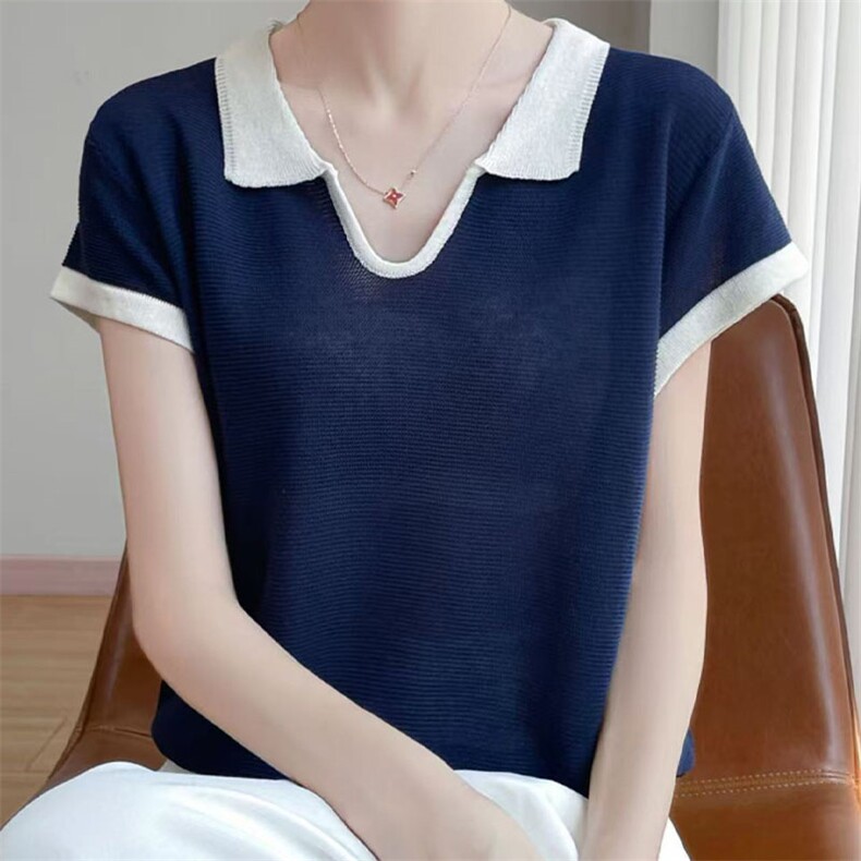 撞色翻领短袖t恤女夏季2205新款打底衫洋气大码女装冰丝针织上衣,针织衫/毛衣,萱芳婷羊绒