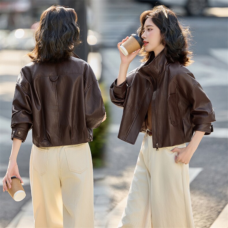 海宁2025新款气质时尚百搭拉链皮衣外套女高级感立领夹克，女装皮衣，江南女神