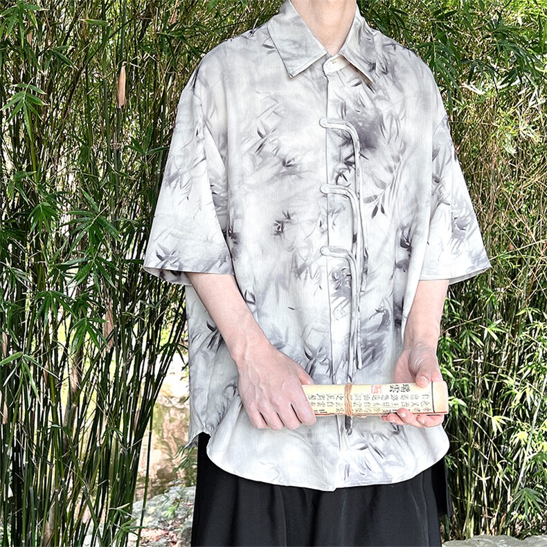 现货新中式复古短袖衬衫竹叶水墨画印花大码CS33-P65-控88,男装衬衫,电商A021