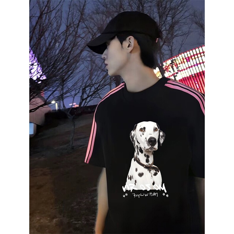 抖音得物品质二开240克宽松纯棉美式潮牌印花三条杠中性风短袖T恤图片