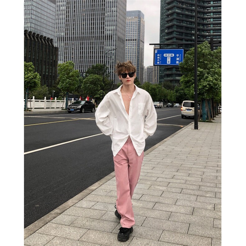 潮牌时尚冰莓粉宽松直筒水洗牛仔裤X1002-1-NZ2413-现货,男装牛仔裤,星座1002-1