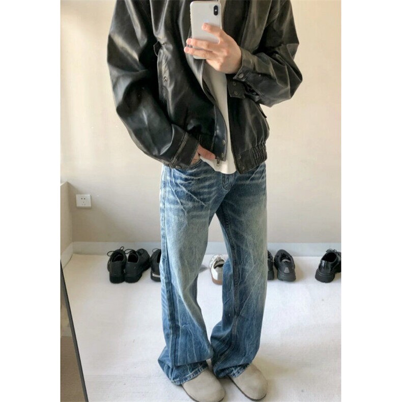 闪电纹蓝色直筒牛仔裤男春秋季cleanfit美式高街vibe裤子微喇长裤,男装牛仔裤,星座601-1