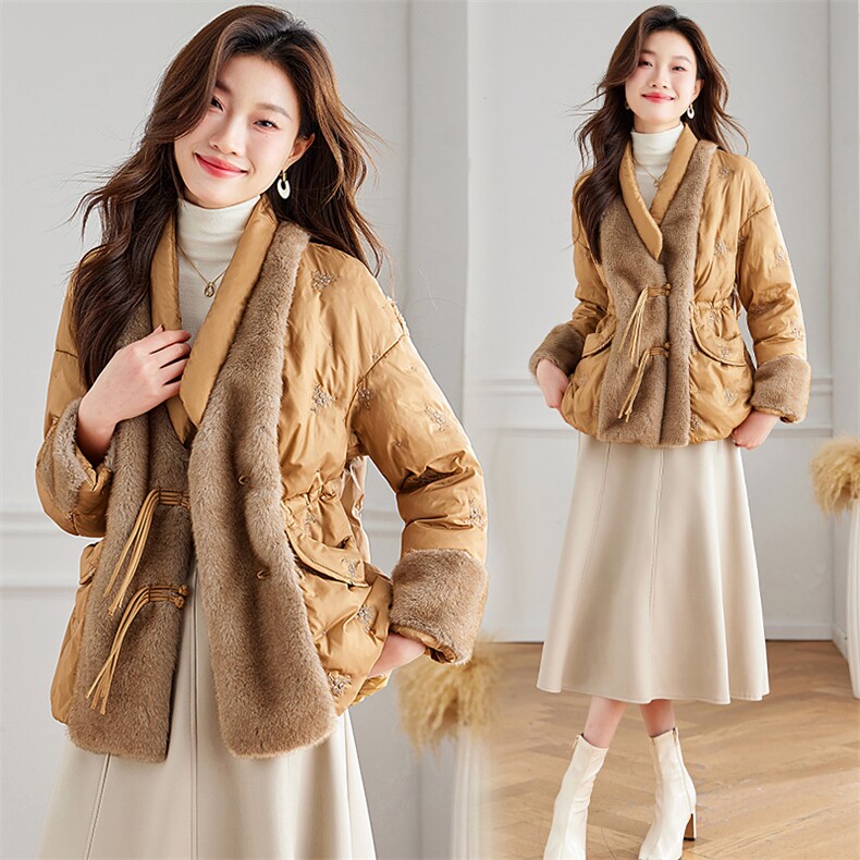 新中式羽绒服女2024新款冬季女款白色女士刺绣白鸭绒皮草外套,女装羽绒服,浙宝281