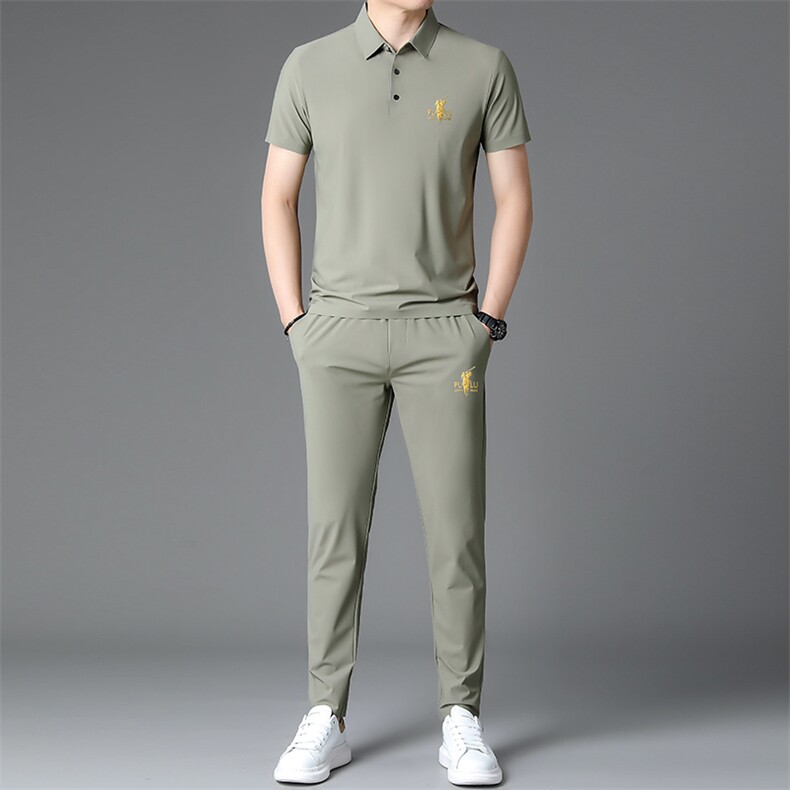 夏季男式短袖长裤透气两件套运动休闲翻领修身t恤套装，男装休闲套装，电商B360