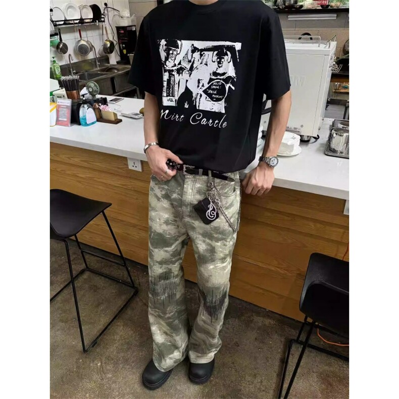 美式复古街头迷彩刺绣牛仔裤潮微喇休闲直筒宽松阔腿长裤XA101图片