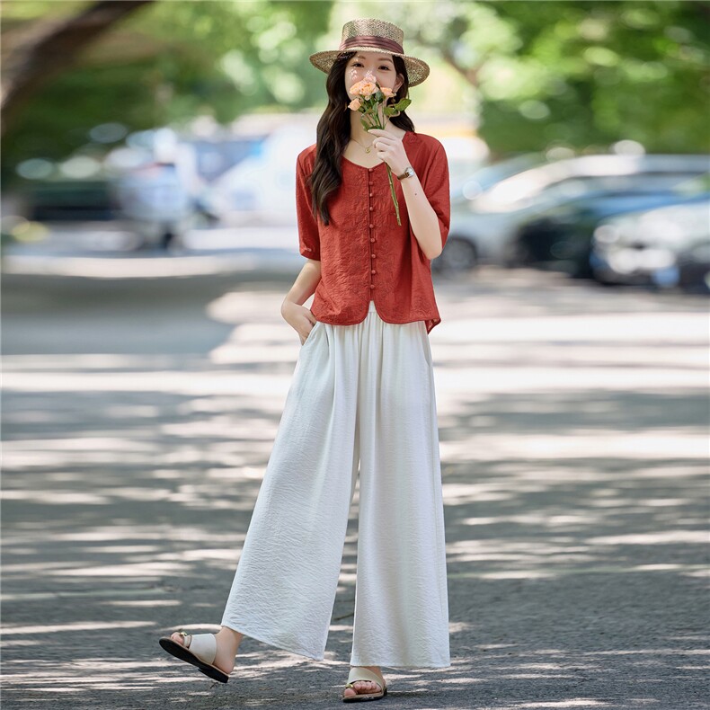 新中式国风套装女2025夏新款巨好看的高级感大方得体阔腿裤两件套,女装套装/套裙,魅影