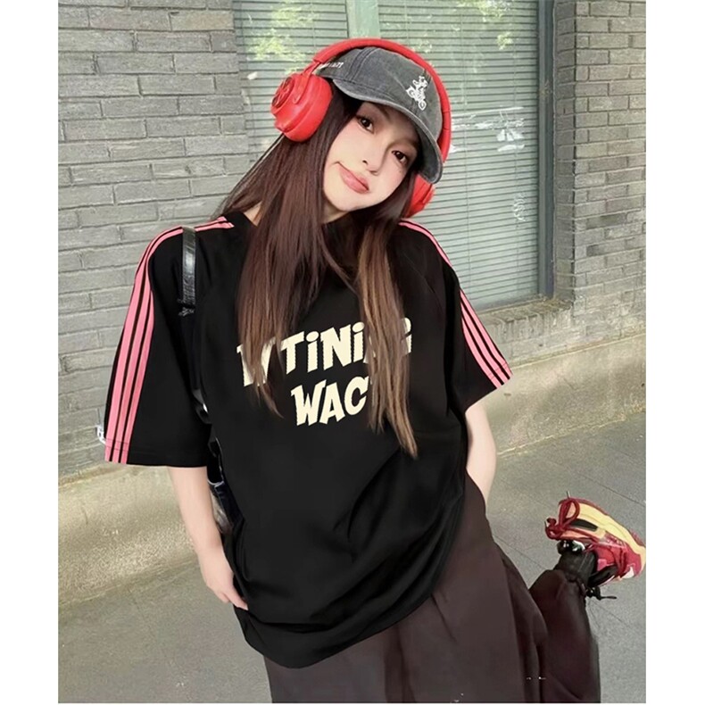 抖音得物品质二开240克宽松纯棉美式潮牌印花三条杠中性风短袖T恤,男装T恤,电商A486