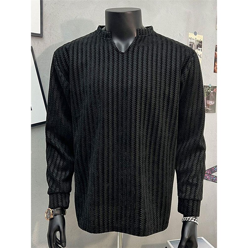 美式高街千鸟格子长袖T恤男女亨利V领英伦雅痞休闲宽松长袖打底衫，男装T恤，电商A486