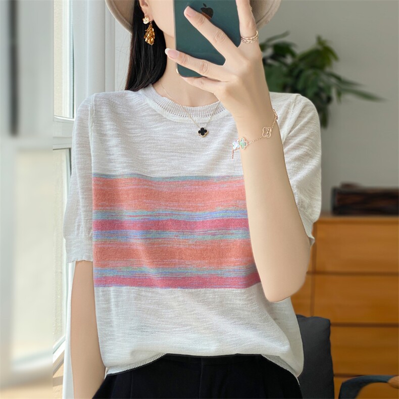 断码清竹节麻短袖女夏季圆领条纹拼色薄款半袖上衣2104,女装T恤,源达羊绒