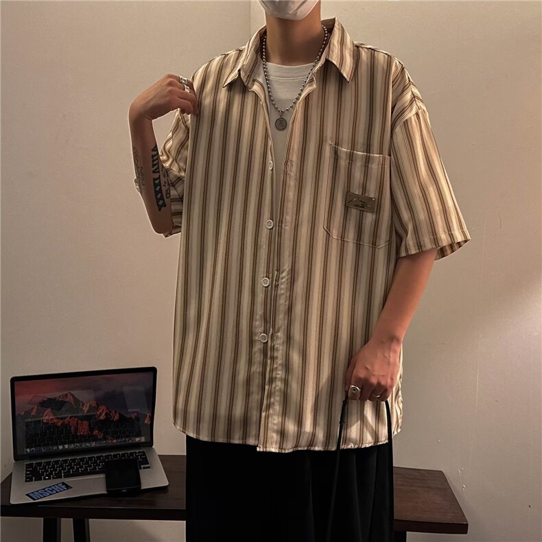 夏季凉感冰丝垂坠感休闲衬衣男痞帅潮宽松条纹短袖衬衫CS074-P30,男装衬衫,星座308B-1