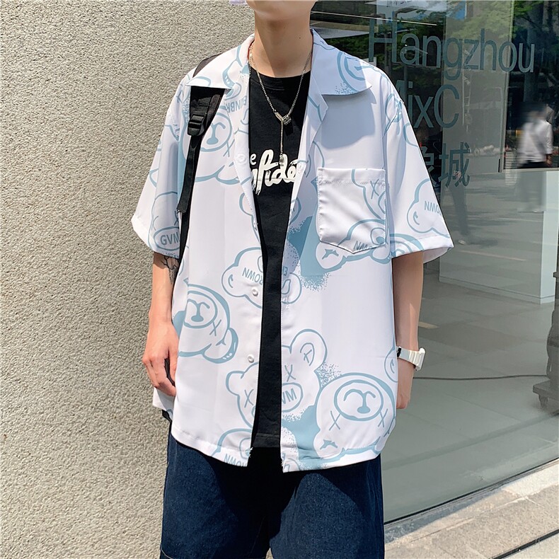 港风休闲情侣大码短袖衬衫男潮帅气半袖衬衣男士寸衫DCS766P40控,男装衬衫,星座227-7