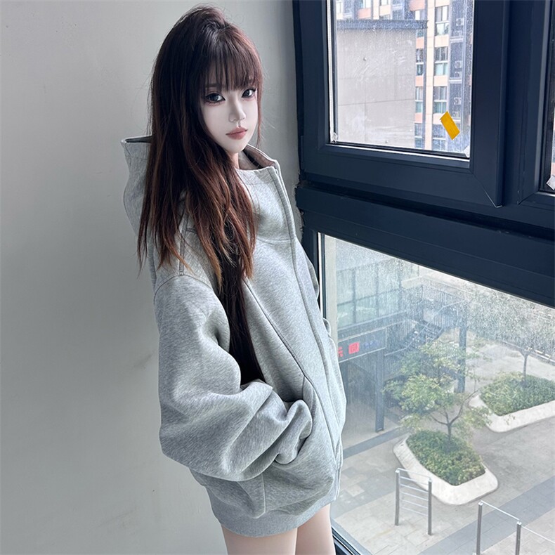 抖音得物高品质秋冬美式高街重磅结构辑明线纹理连帽卫衣外套W111,女装短外套,电商A486-1