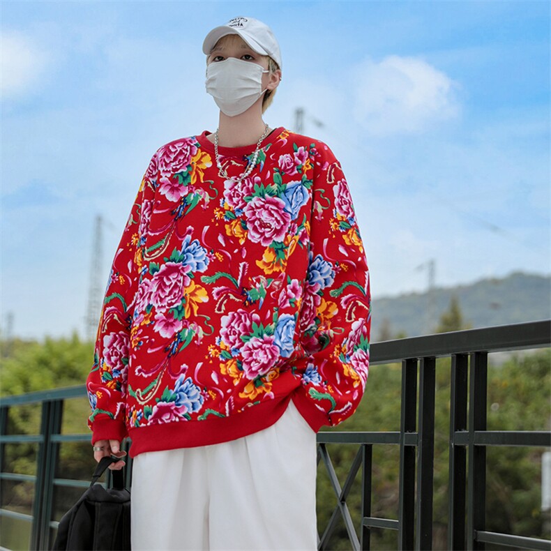 B203圆领大花卫衣大码男女新中式汉服团队表演出饭店火锅店情侣潮图片
