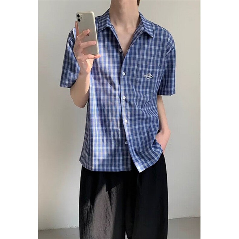新款夏季格子短袖衬衫男简约百搭气质衬衣宽松休闲半截袖C157,男装T恤,星座1116A（原606A-3）