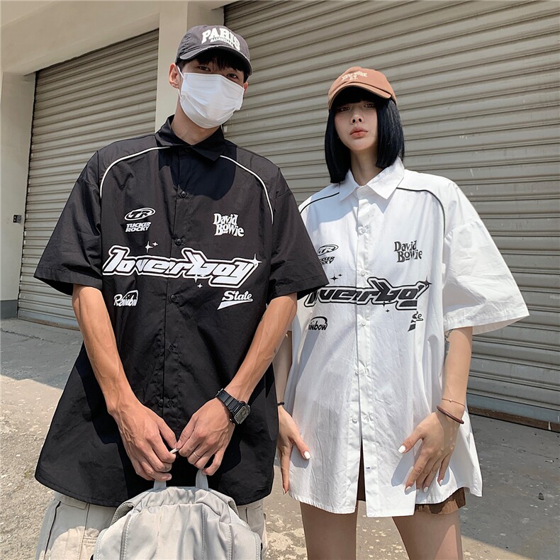 情侣装夏装新款机车字母印花织带短袖衬衫宽松男女港风潮D305 P48图片