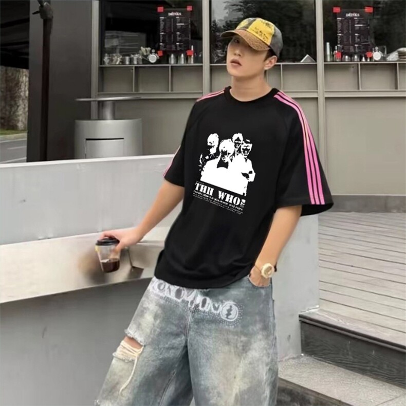 抖音得物品质二开240克宽松纯棉美式潮牌印花三条杠中性风短袖T恤，男装T恤，电商A486-1