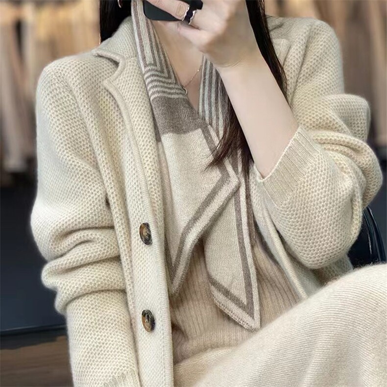 西装领羊毛开衫女重磅加厚宽松慵懒风针织外套毛衣秋冬新款羊绒衫,针织衫/毛衣,萱芳婷羊绒