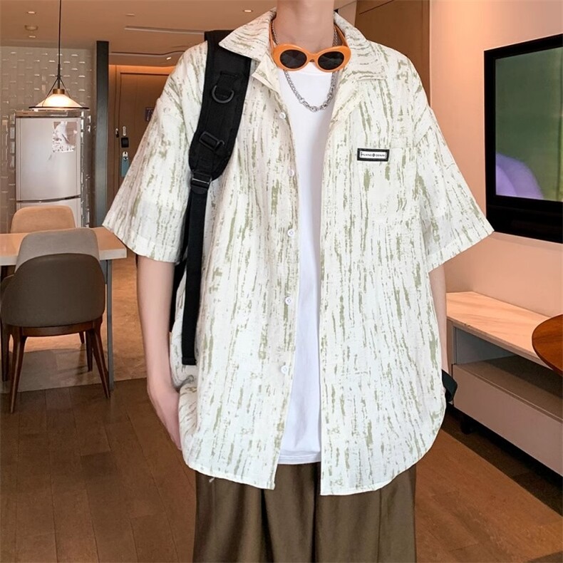 扎染新款短袖花衬衫男2025夏季潮牌贴标设计感条纹五分袖男生衬衣,男装T恤,星座506A