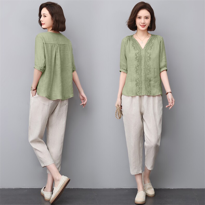 中年妈妈夏季套装2023年新款时尚洋气减龄气质大码休闲棉麻两件套，女装套装/套裙，江忆布依